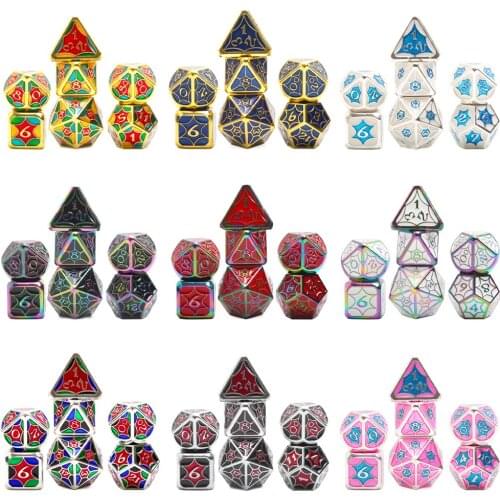 CHENGSHUO 7 PCS Metal Dice,Energy Burst DND Game Dice for Role-Playing and Boad Game D&D Pathfinder Shadowrun and Math Teaching