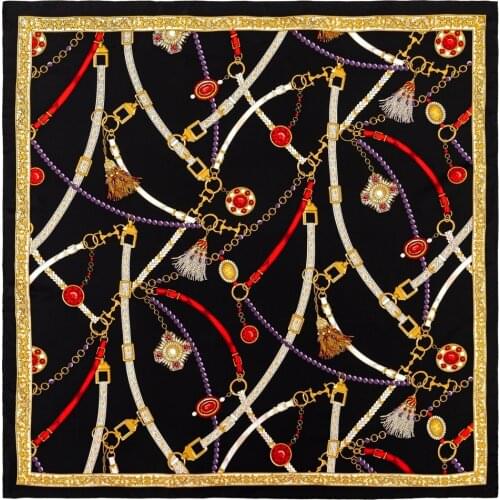 90cm Belt Chain Square Shawl Twill Silk Scarf Women Luxury Brand Hijab Bandana Handmade Curled Foulard Head Scarves