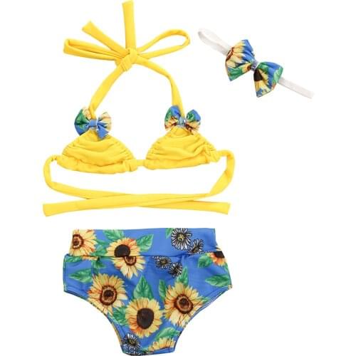 Citgeett Summer Kid Baby Girls Swimsuit Suit Bikini + Panties + Bow Headband Strap Sunflower Print Clothing Set