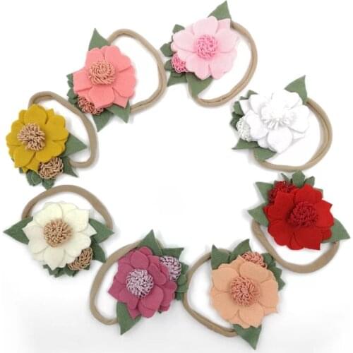 24pcs/lot Newborn Felt Flower Nylon Headband With Green Leaf Nylon Headband Children Kids Lace rose Flower Headbands Headwear