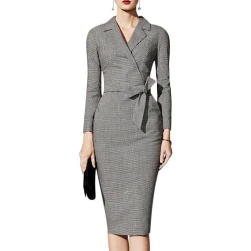 European Style Autumn Women Fashion Sexy High Waist Plaid Elegant Dress Vintage Long Sleeve Ol Slim Bodycon Dress Plus Size 3xl