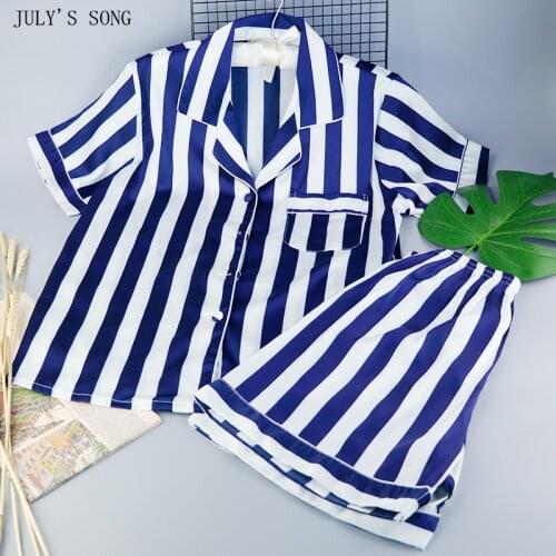 JULYS SONG Woman Pajamas Set 2 Pcs Faux Slik Female Sleepwear Summer Blue Striped Pajamas Short Sleeve Suit Homewear Casual