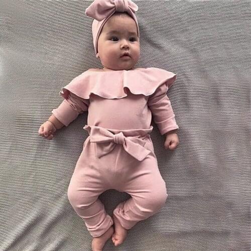 Explosion models autumn girls baby clothes + bow trousers comfortable solid color two-piece new girls clothes cotton suit