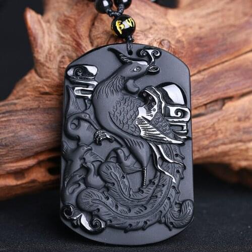 Natural Obsidian Phoenix Jade Pendant Jewelry Lucky Exorcise Evil Spirits Auspicious Amulet Jade Pendant Fine Jewelry