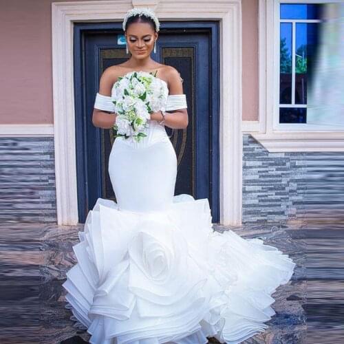 Plus Size Arabic Mermaid Wedding Dresses Sweetheart Aso Ebi Off The Shoulder Bridal Dress Tiers Satin Organza Bridal Vestidos