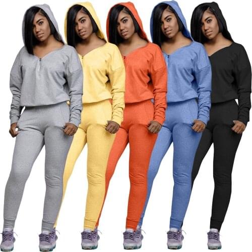 Casual Hooded Tracksuit Women 2 Piece Set Sweatsuit Sexy Zipper V Neck T Shirt Top + Long Pencil Pants Sportwear Autumn Outfit