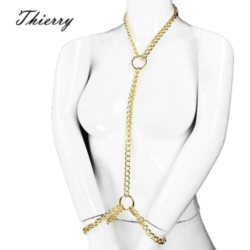 Thierry fetish metal Neck Collar wrist cuffs With Chain Bondage restraints for Adult games, handcuffs sex toys for women