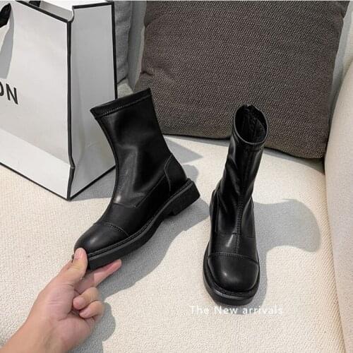 British black short boots women winter zipper chunky heels botines concise patchwork med high heels motorcycle bottes big size43