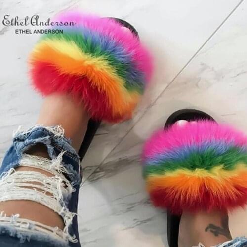 Ethel Anderson Womens Furry Slippers Ladies Fashion Real Fox Fur Hair Fluffy Summer Sandals Comfort Genuine Fur Flip-flops