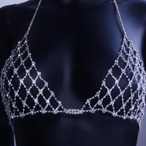New Lovers Sexy Mesh Body Chain Necklace Crystal Bra and Thong Panties for Women Rhinestone Body Accessories Jewelry Underwe Set