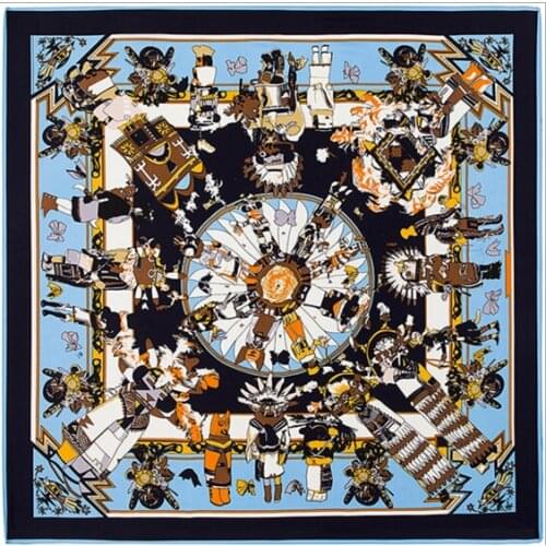 POBING Twill 100% Silk Scarf Hopi Print Neckerchief Indian Feather Female Square Scarves Lady Foulards Female Large Hijab 130cm