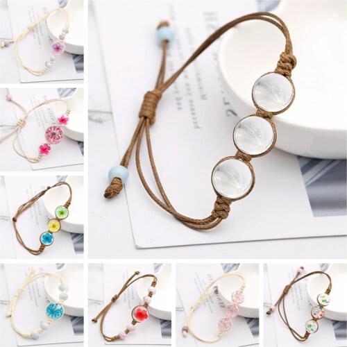 Zhijia Dried flower Dandelion round glass pendant rope chain adjustable bracelets for women lovely gifts for girl
