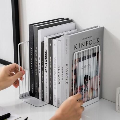 1 Pair Iron Bookends Book Stand Support Simple Desktop Non Slip Book Rack Shelf Holder Office Magazine Organizer White, Black