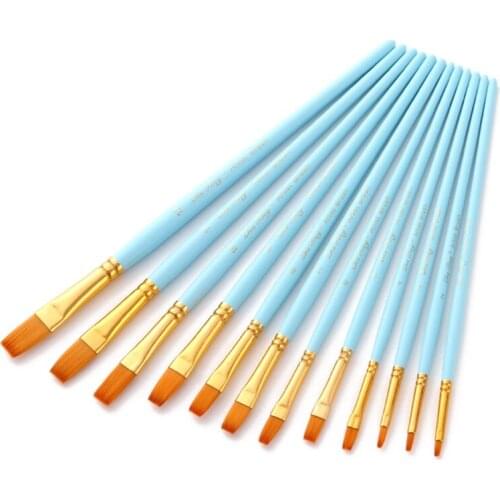 12pcs Nylon Hair Wooden Handle Flat Watercolor Paint Brush Pen Set DIY Oil Acrylic Painting Art Paint Brushes