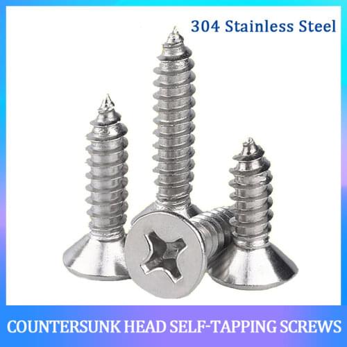 50PCS M2.2 M2.6 M3 M4 304 Stainless Steel Cross Countersunk Head Self Tapping Screw Flat Head Pointed Tail Tapping Wood Screw