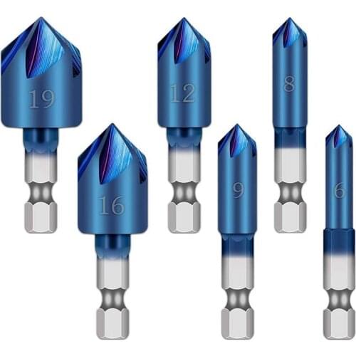 6Pcs 1/4Inch Hex Shank HSS Counter Sink Drill Bit 90 Degree 5 Flute Nano Blue Coated Chamfer Tool Woodworking Drill Bits