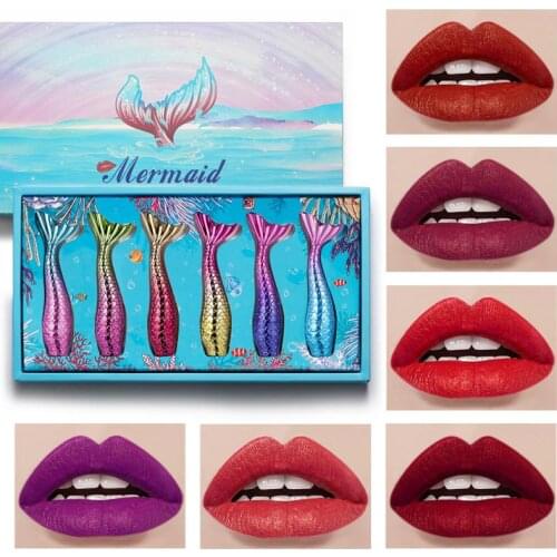 6Pcs Set Mermaid Lip Glaze Set Lip Gloss Foggy Lipstick Matte Lip Gloss Set Waterproof Lip Makeup Cosmetics Christmas Gift TSLM1