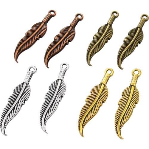 60pcs-Antique Silver / Bronze / Gold / Copper Feather Charms Pendant 34x7mm