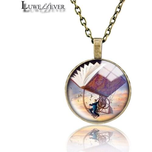 Book Geometry Necklace 687 25mm Bronze 30mm Wood Rhinestone Double-sided Moon Round Glass Pendant For Women Gift