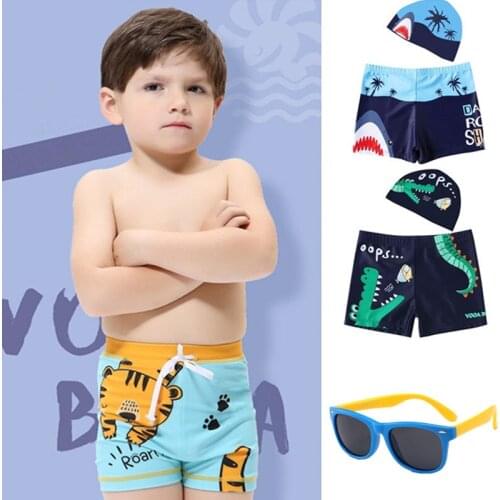 Cartoon Dinosaur Boys Swimsuit With Cap And Fashion Polarized Sunglasses Kids Beachwear Set Children Baby Toddler Swimwear