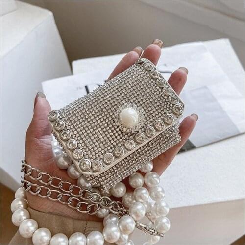 High Quality Mini Bag Female 2021 New Trendy Fashion Pearl Chain Bag Korean Version of Rhinestone Crossbody Waist Bag Chest Bag