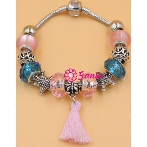 Fashionable Jewelry European Style Bracelet Heart Ball Ocean Beach Starfish Bead Pink Tassel Charm Bracelet for Women Gift