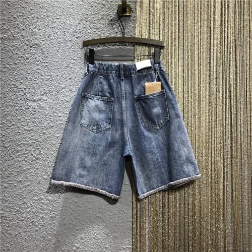 Fashion Womens Summer Hole Ripped Knee Length Denim Shorts Washed Loose High Waist Casual Bermuda Vintage Tassels Short Jeans
