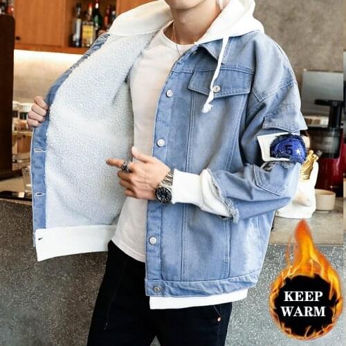 Mens Denim Jackets with Warm Velve Keep Warm with Cotton Hood Boy Denim Coat Casual Jackets Comfortable Soft not Easily Deform