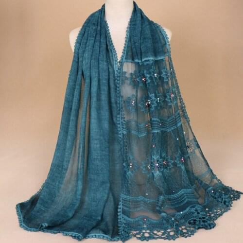 New Women Flower Lace Scarves Shawls Beads Cotton Hijabs Muslim Head Wraps Headband 8 Color 180*75cm 10pcs/Lot Wholesale