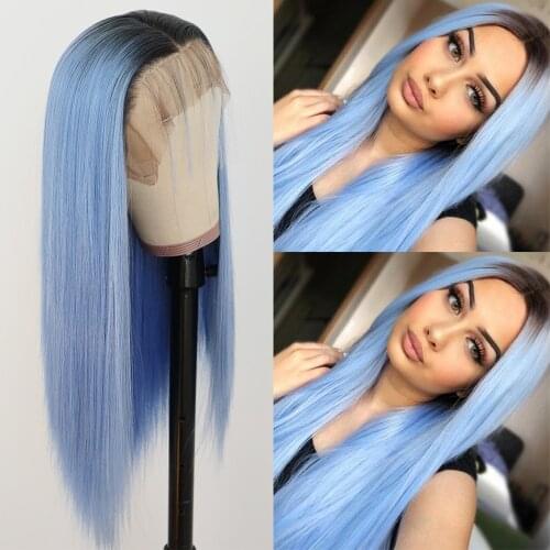 TaBeWay Lace Front Wigs Long Straight Hair Ombre Blue Color Wig Heat Resistant Glueless Synthetic Lace Front Wigs for Women
