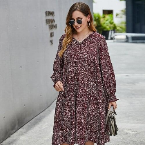 DOIB Dot Plus Size Dress Women Full Lantern Sleeve Elastic Waist V Neck Patchwork Large Size Dress 2020 Autumn Frocks