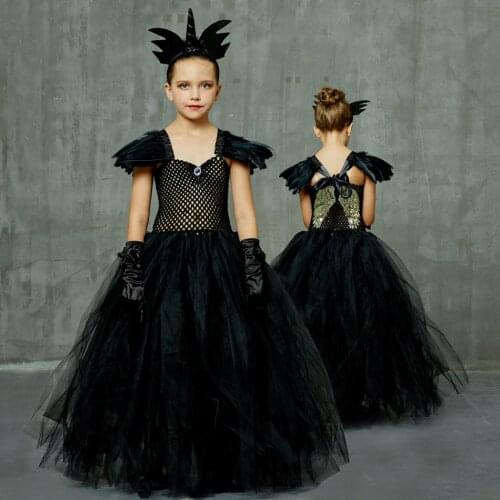 Girls Fallen Angel Halloween Dress Baby Evil Queen Cosplay Clothes Black Unicorn TUTU Dresses Kid Princess Robe Disfraz Disguise