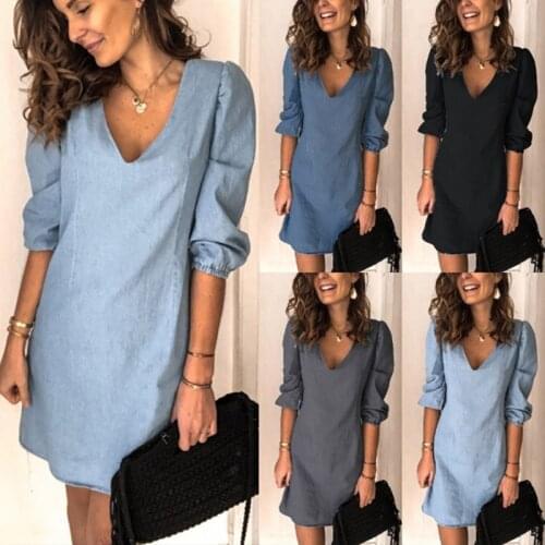 Summer Loose Dress Casual Mini Plus Size Women Clothing Elegant Fashion V-Neck Solid Short Sleeve Cowhells Ladies Pullover