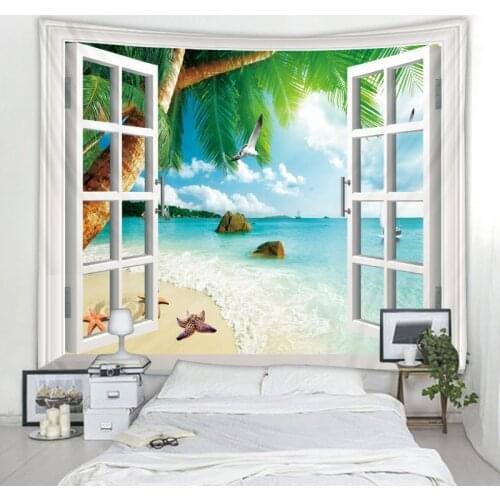 Beach tapestry coconut tree sea view wall hanging carpet beach hippie tapestry polyester fabric home decoration wall hanging