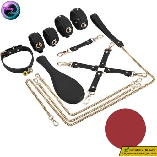RUNYU PU Leather BDSM Kit Bandage Bundle Set Paddle Leash Collar Handcuffs Shackles Adult Sex Toys for Couple Women Lesbian Men