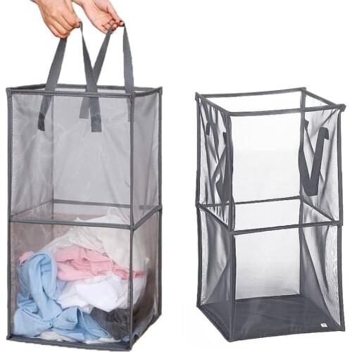 Mesh Popup Laundry Hamper With Handles Laundry Basket Dirt Clothes Toys Storage Bag Foldable Box Double-DeckTransparent Case