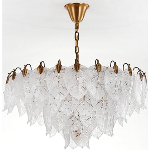 Modern Luxurious Living Room Gold Metal Lustre Led Pendant Lights Round Shape Leaves Glass E14 Luminarias Hanging Lamp Fixture