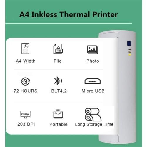 Mini A4 Portable Wireless Bluetooth Thermal Printer Document Text Mobile Phone Printer Android iOS A4 Paper No need Ink or Toner