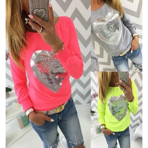 Spring and Autumn Fashion Loose Casual Large Size Candy Color Long-sleeved Round Neck Heart-shaped Printing Simple Sweet T-shirt