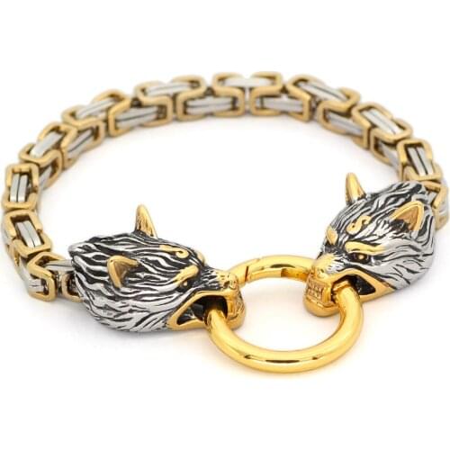 Viking Men stainless steel King chain viking wolf head bracelet 21 23 25 CM