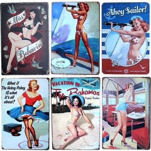 Vintage Pin Up Girl Tin Signs Poster Retro Girl Metal Signs Iron Plaques Cafe Bar Pub Club Man Cave Home Wall Plaque Decoration
