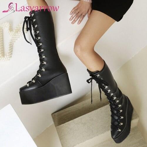 Lasyarrow 2021 Women Shoes High Chunky Heel Lace Up Boots Platform Modern Boot Round Toe Wedges Metal Buckle Shoes 10CM Black
