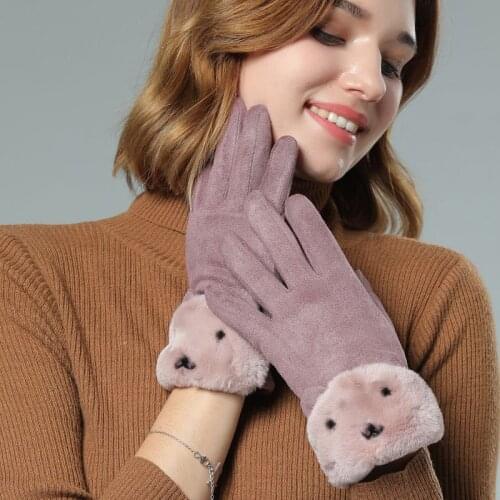 Womens Winter Gloves with Fluffy Cuff Splicing Thermal Screen Touch Gloves