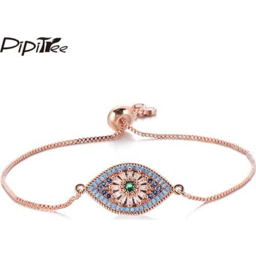 Pipitree Delicate AAA Princess Cut Blue Zircon Evil Eye Bracelet Slider Chain Charm Bracelets for Women Trendy Jewelry Pulsera