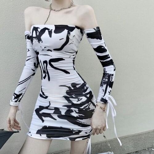 WOMENGAGA Slash Neck Strapless Long Sleeve off shoulder Printed Bandage Hot Sexy Backless Slim Short Dress For Women RRB1