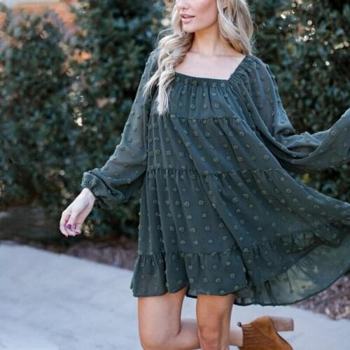 Women Solid Jacquard Chiffon Mini Dress Square Collar Long Sleeve Flounce Edge Stylish Loose Dresses Lady Summer Casual Clothes