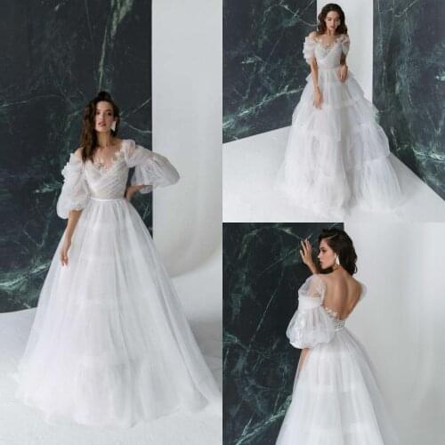 Bohemian A Line Wedding Dresses Bridal Gowns Lace Appliqued Sheer Neck Half Sleeve Country Garden vestido de novia