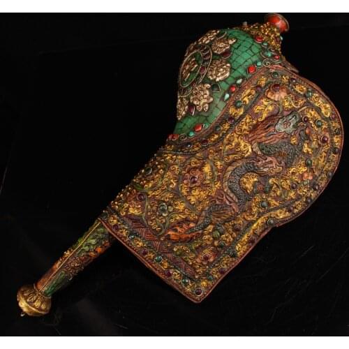 17"Tibet temple Natural conch mosaic Bronze Gem outline in gold eight treasures Dragon statue Law Conch Town House Exorcism