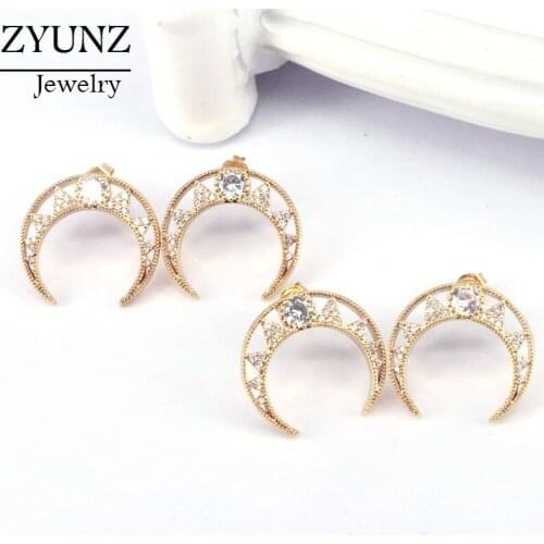 3Pairs, Crystal Zirconia Moon Stud Earring CZ Micro Pave Symmetrical Earrings For Women Girls