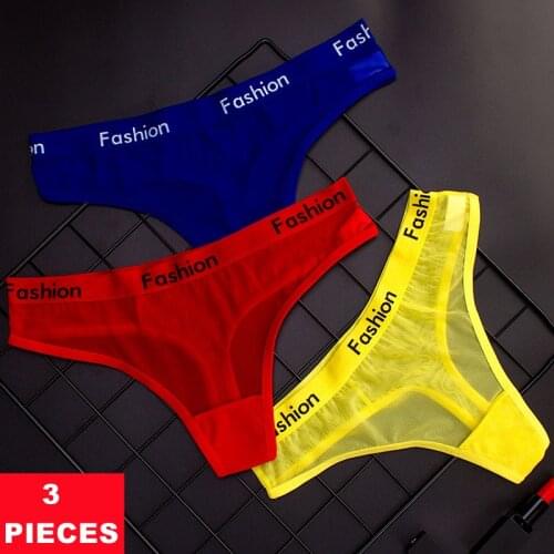 3Pcs Sports Letter Printing Mesh Womens Thong Underwear Sexy Transparent Seamless Panties Cotton Crotch Ladies Briefs Lingerie